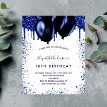 Budget birthday navy blue white invitation<br><div class="desc">A girly and feminine 18th (or any age) birthday party invitation. On front: A white background. Decorated with navy blue faux glitter drips,  paint dripping look and balloons. Personalise and add a name and party details. The name is written with a hand lettered style script.</div>