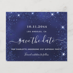 Budget birthday party blue glitter dust save date