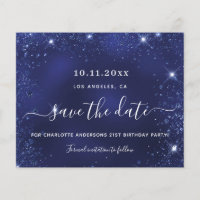 Budget birthday party blue glitter dust save date
