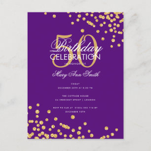 Budget Birthday Party Glitter Confetti Gold Purple Postcard