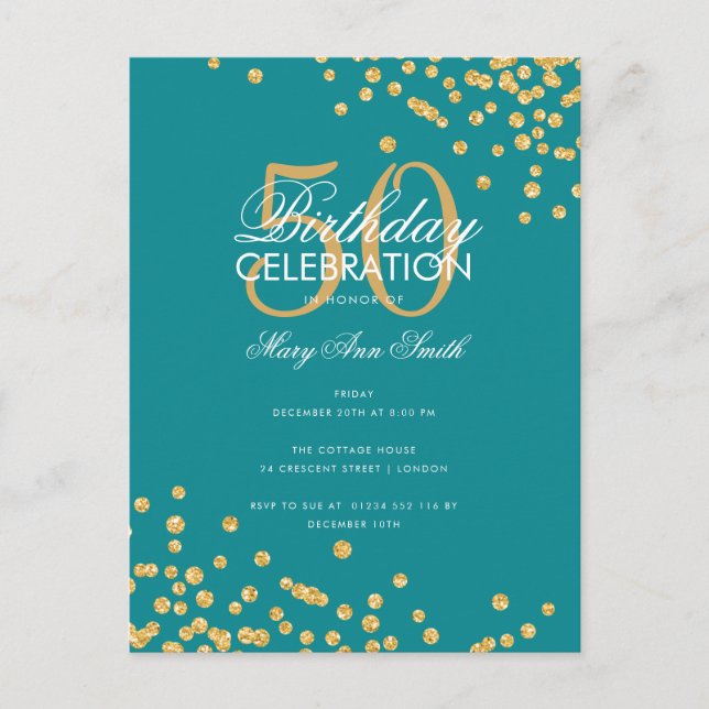 Budget Birthday Party Glitter Confetti Gold Teal  Postcard (Front)