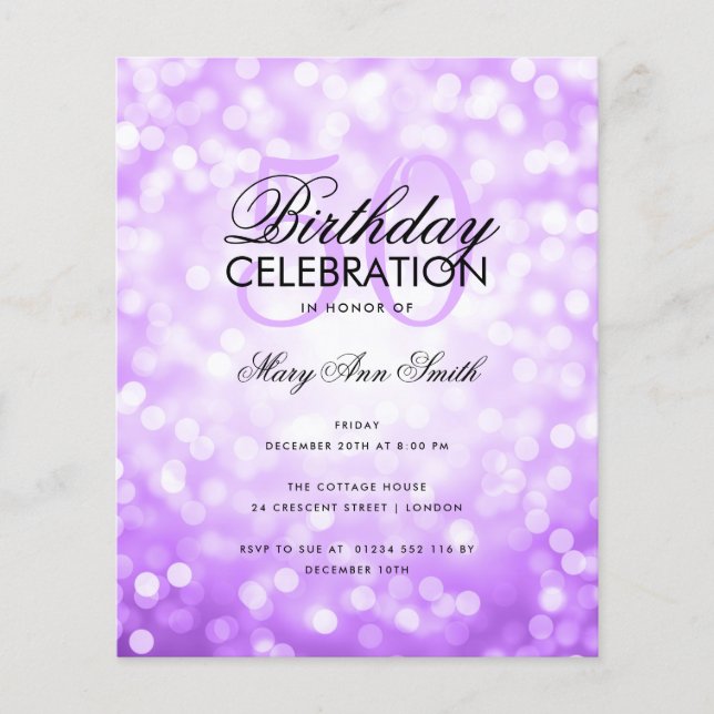 Budget Birthday Party Purple Sparkle Lights Flyer (Front)