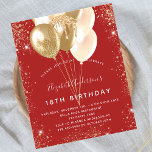 Budget birthday party red gold glitter balloons<br><div class="desc">For an elegant 18th (or any age) birthday party.  A trendy red background. Decorated with gold glitter,  sparkles and balloons.  Personalise and add a name,  age and party details. The name is written with a hand lettered style script</div>