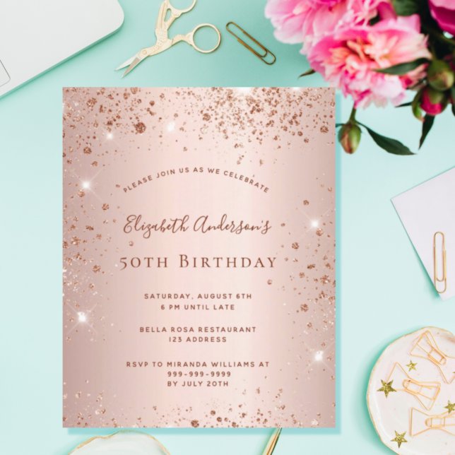 Budget birthday party rose gold glitter invitation (Creator Uploaded)