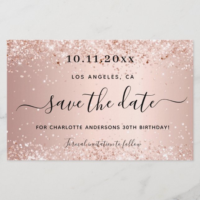 Budget birthday party rose gold save the date (Front)