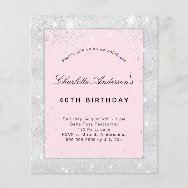 Budget Birthday party silver blush pink glitter (Front)