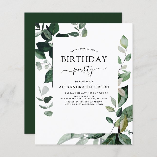 Budget Birthday Party Spring Botanical Greenery (Front/Back)
