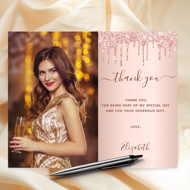 Budget birthday rose blush glitter photo thank you (Creator Uploaded)