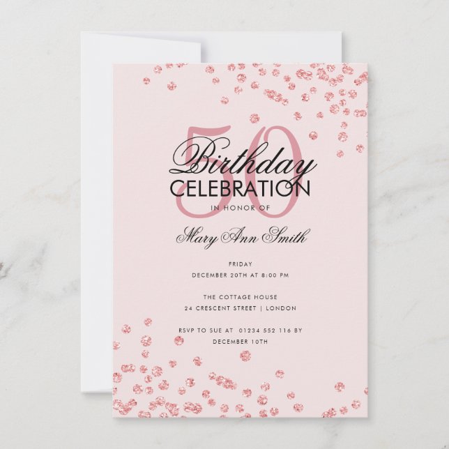 Budget Birthday Rose Gold Blush Glitter Confetti  Invitation (Front)
