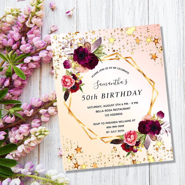 Budget Birthday rose gold florals invitation (Creator Uploaded)