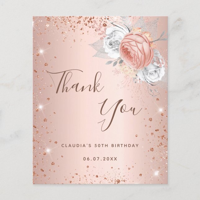 Budget birthday rose gold florals thank you (Front)