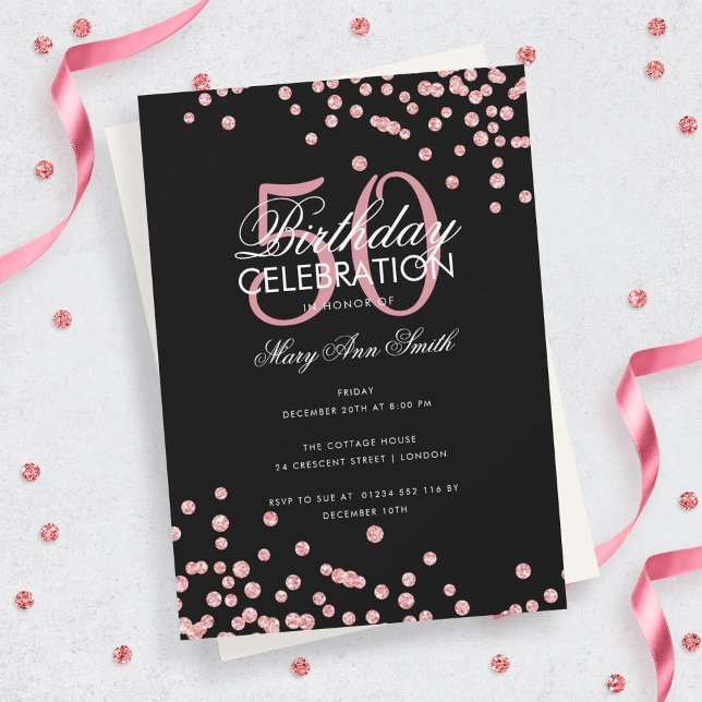Budget Birthday Rose Gold Glitter Confetti Black Invitation (Creator Uploaded)
