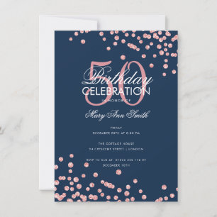 Budget Birthday Rose Gold Glitter Confetti Navy Invitation
