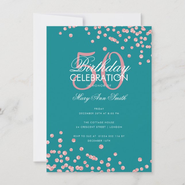 Budget Birthday Rose Gold Glitter Confetti Teal  Invitation (Front)