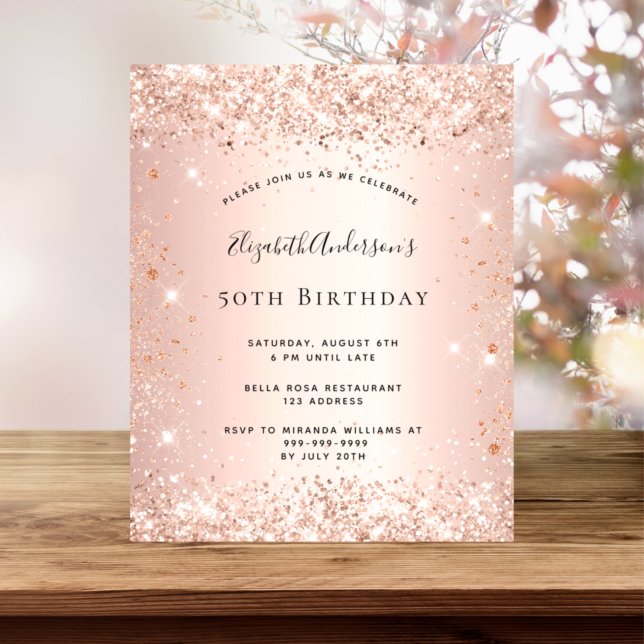 Budget birthday rose gold glitter invitation (Creator Uploaded)