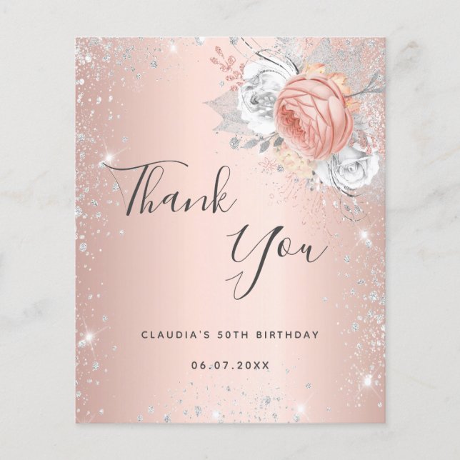 Budget birthday rose gold silver florals thank you (Front)
