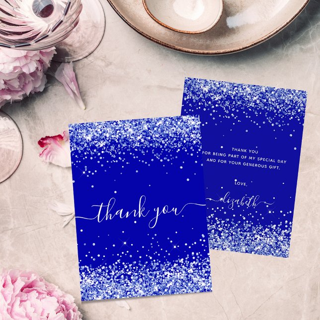 Budget birthday royal blue glitter thank you card (Creator Uploaded)