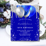 Budget birthday royal blue silver invitation<br><div class="desc">A royal blue background. Decorated with faux silver glitter drips paint dripping look,  sparkles and balloons. Personalise and add a name and party details. The name is written with a hand lettered style script.</div>