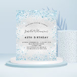 Budget birthday silver blue glitter invitation<br><div class="desc">For an elegant 40th (or any age) birthday.  A faux silver metallic looking background.  Decorated with blue faux glitter dust. Personalise and add a name,  age and party details. The name is written with a hand lettered style script</div>