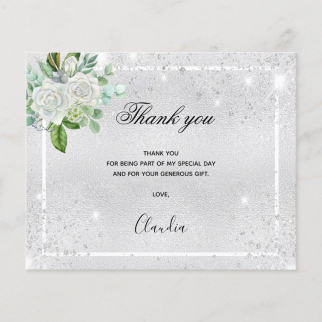 Budget birthday silver floral photo thank you (Front)
