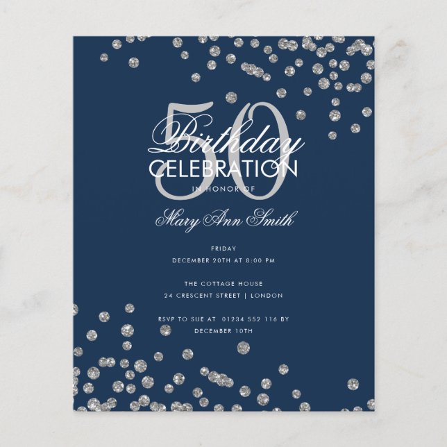 Budget Birthday Silver Glitter Confetti Navy  Flyer (Front)