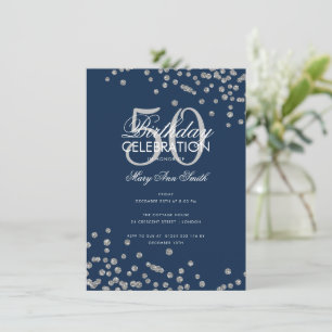 Budget Birthday Silver Glitter Confetti Navy  Invitation