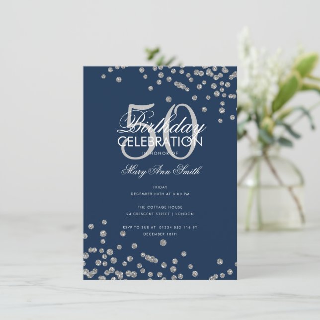 Budget Birthday Silver Glitter Confetti Navy  Invitation (Standing Front)