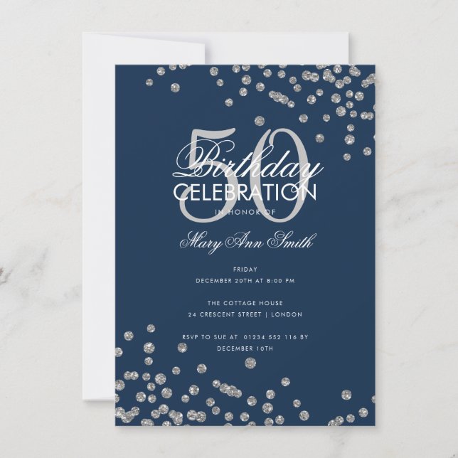 Budget Birthday Silver Glitter Confetti Navy  Invitation (Front)