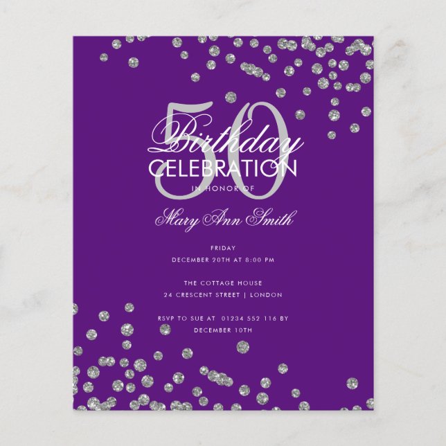 Budget Birthday Silver Glitter Confetti Purple  Flyer (Front)