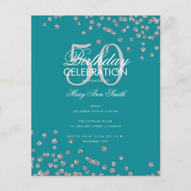 Budget Birthday Silver Glitter Confetti Teal  Flyer (Front)