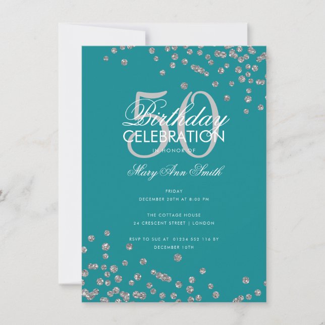 Budget Birthday Silver Glitter Confetti Teal  Invitation (Front)