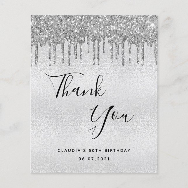 Budget birthday silver glitter drips thank you (Front)