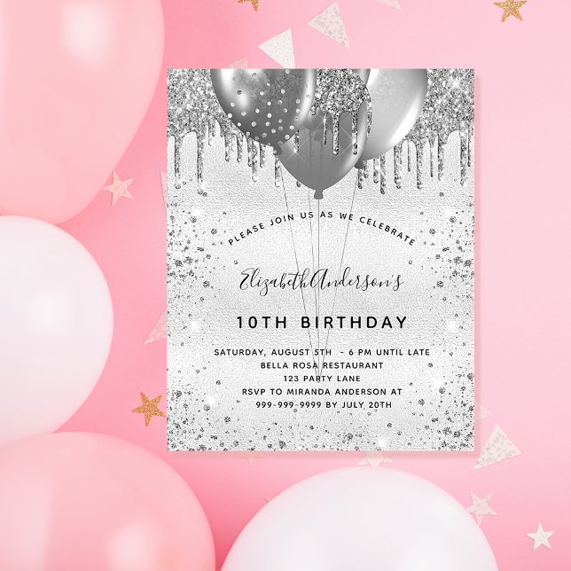 Budget birthday silver glitter metal invitation (Creator Uploaded)