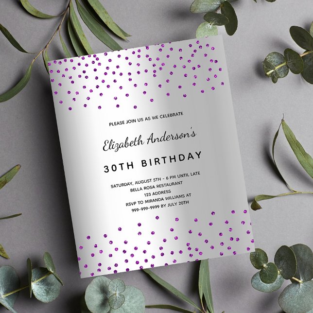 Budget birthday silver glitter purple invitation (Creator Uploaded)