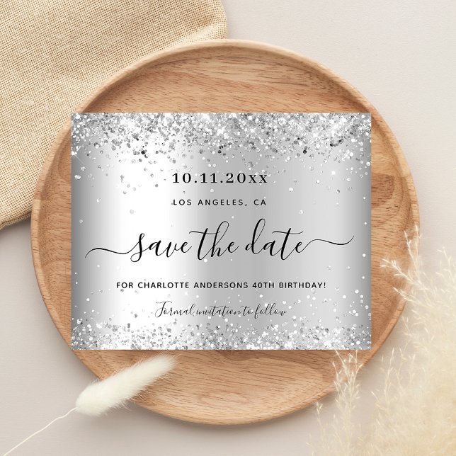 Budget birthday silver glitter save the date (Creator Uploaded)