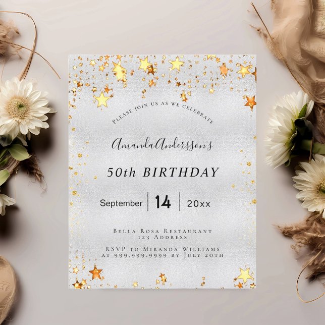 Budget Birthday silver gold stars invitation (Creator Uploaded)