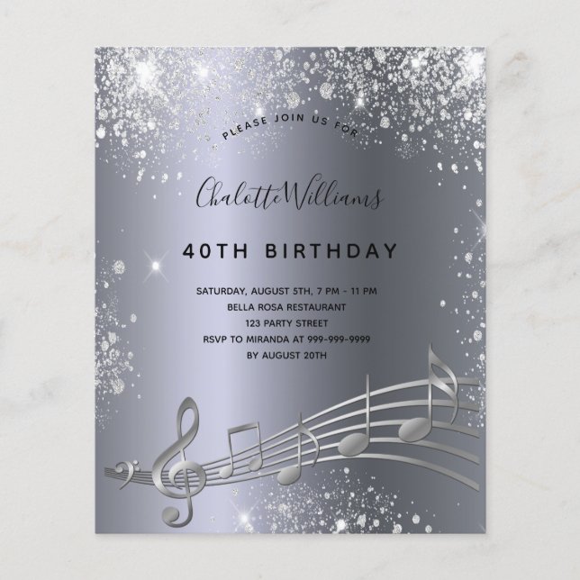 Budget birthday silver music notes metal glitter (Front)