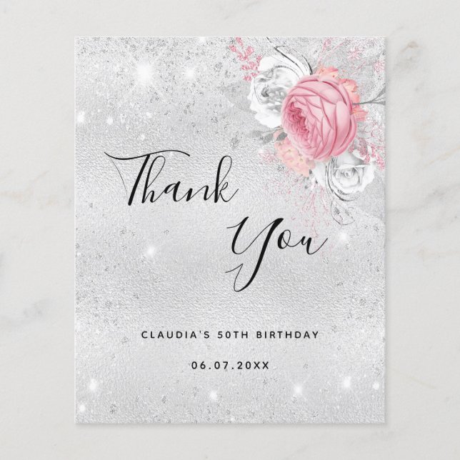 Budget birthday silver pink florals thank you (Front)