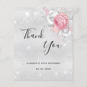 Budget birthday silver pink florals thank you