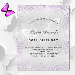 Budget birthday silver purple butterfly invitation<br><div class="desc">A modern,  elegant and minimalist birthday invitation.  Faux silver metallic looking background decorated with purple faux glitter dust and a butterlfy as watermark. Personalise and add your names and wedding details. Black coloured letters.</div>