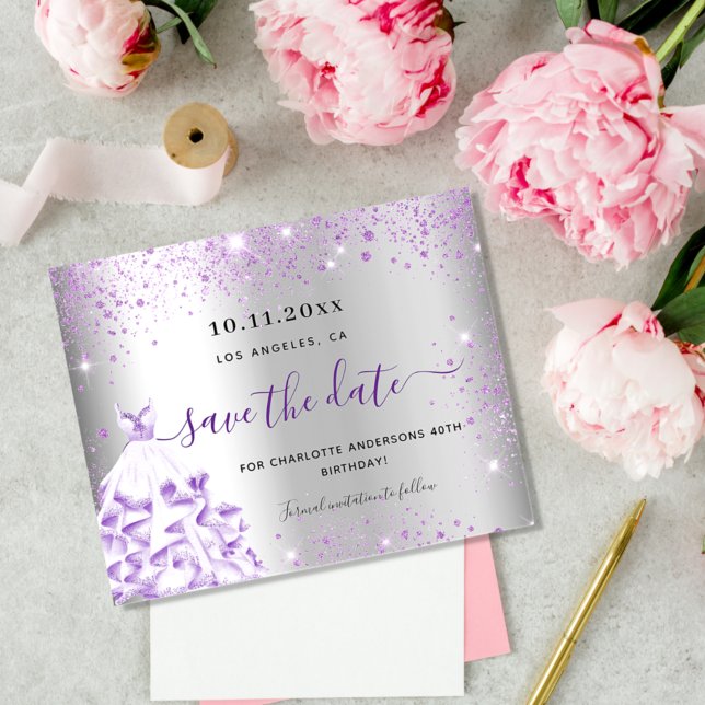Budget birthday silver purple dress save the date (Creator Uploaded)