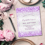 Budget birthday silver purple glitter invitation<br><div class="desc">For an elegant 18th (or any age) birthday party. A silver faux metallic looking background. Decorated with purple faux glitter,  sparkles.  Personalise and add a name and party details. The name is written with a hand lettered style script</div>