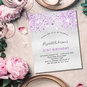 Budget birthday silver purple glitter invitation