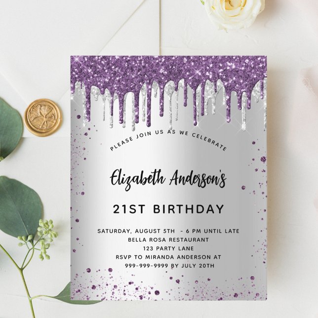 Budget birthday silver purple glitter invitation (Creator Uploaded)