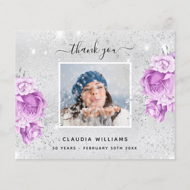 Budget birthday silver purple photo thank you (Back)