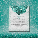 Budget birthday silver teal glitter invitation<br><div class="desc">For an elegant 18th (or any age) birthday.  A faux silver metallic looking background.  Decorated with teal faux glitter dust and balloons. Personalise and add a name,  age and party details. The name is written with a hand lettered style script</div>