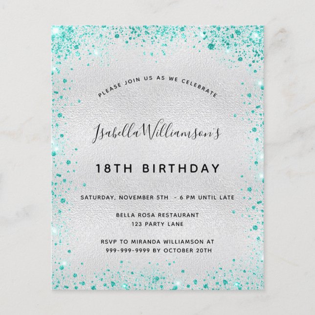 Budget birthday silver teal glitter invitation (Front)