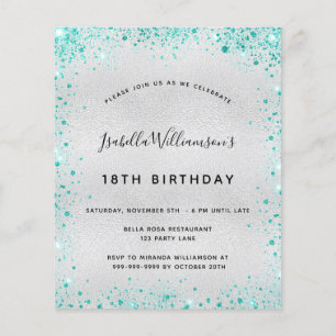 Budget birthday silver teal glitter invitation