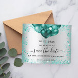 Budget birthday silver teal glitter save the date<br><div class="desc">A girly and trendy Save the Date card for a 18th (or any age) birthday party. A faux silver looking background decorated with teal, green faux glitter dust and balloons. Personalise and add a date and name/age. The text: Save the Date is written with a large trendy hand lettered style...</div>