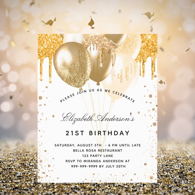 Budget birthday white gold balloons invitation (Creator Uploaded)